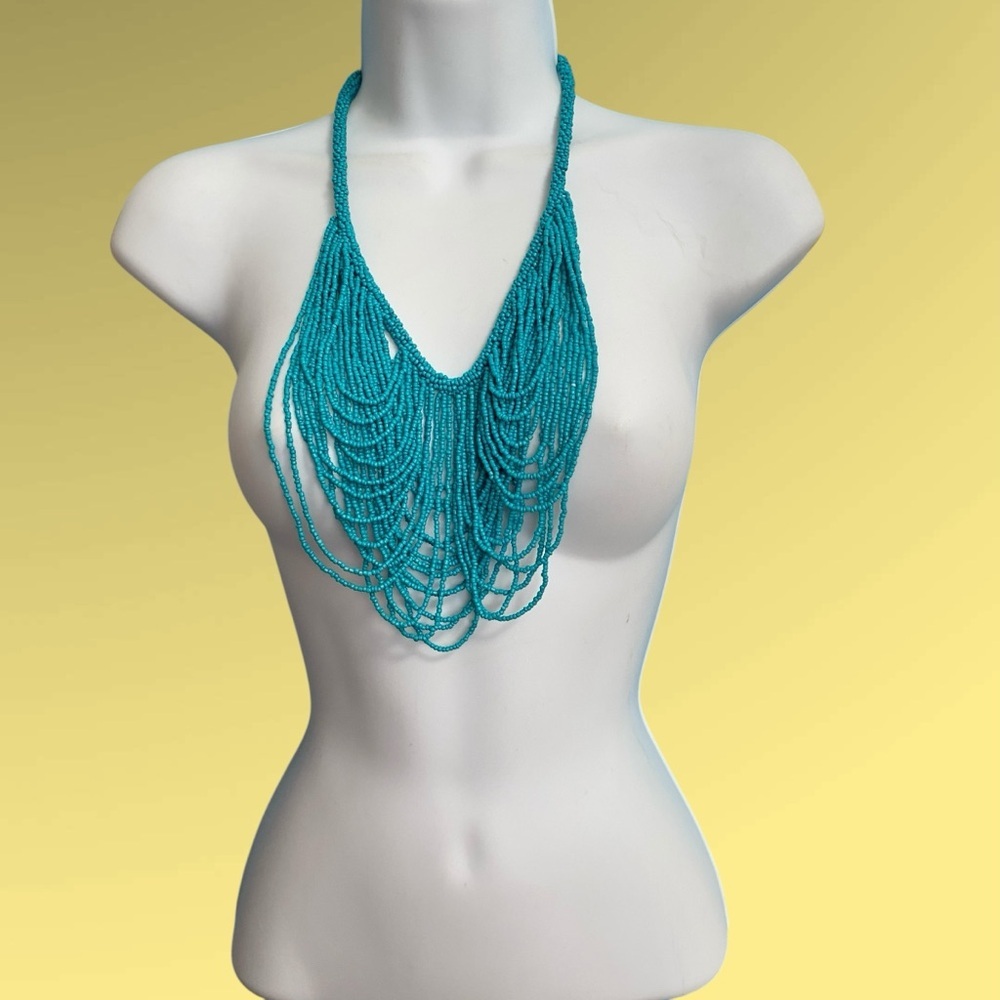 CHARMING CHARLIE Aqua Seed Beads Loopy Bib Bohemian Style Necklace